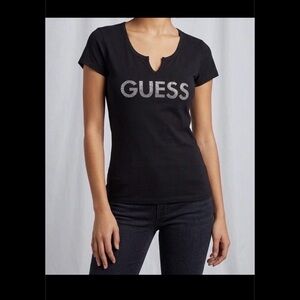 New - GUESS Black Short Sleeve Fitted Baby Tee with Silver Sequin Glitter Logo M